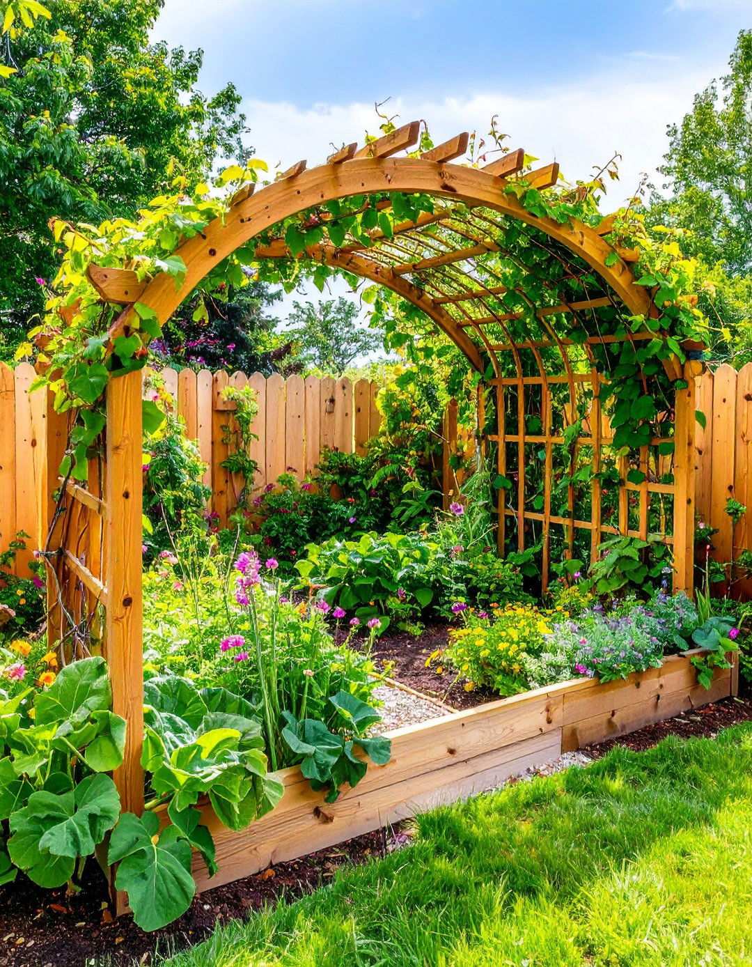 L Shaped Corner Raised Bed with Arch Trellis - 24 Raised Garden Bed Along Fence Ideas
