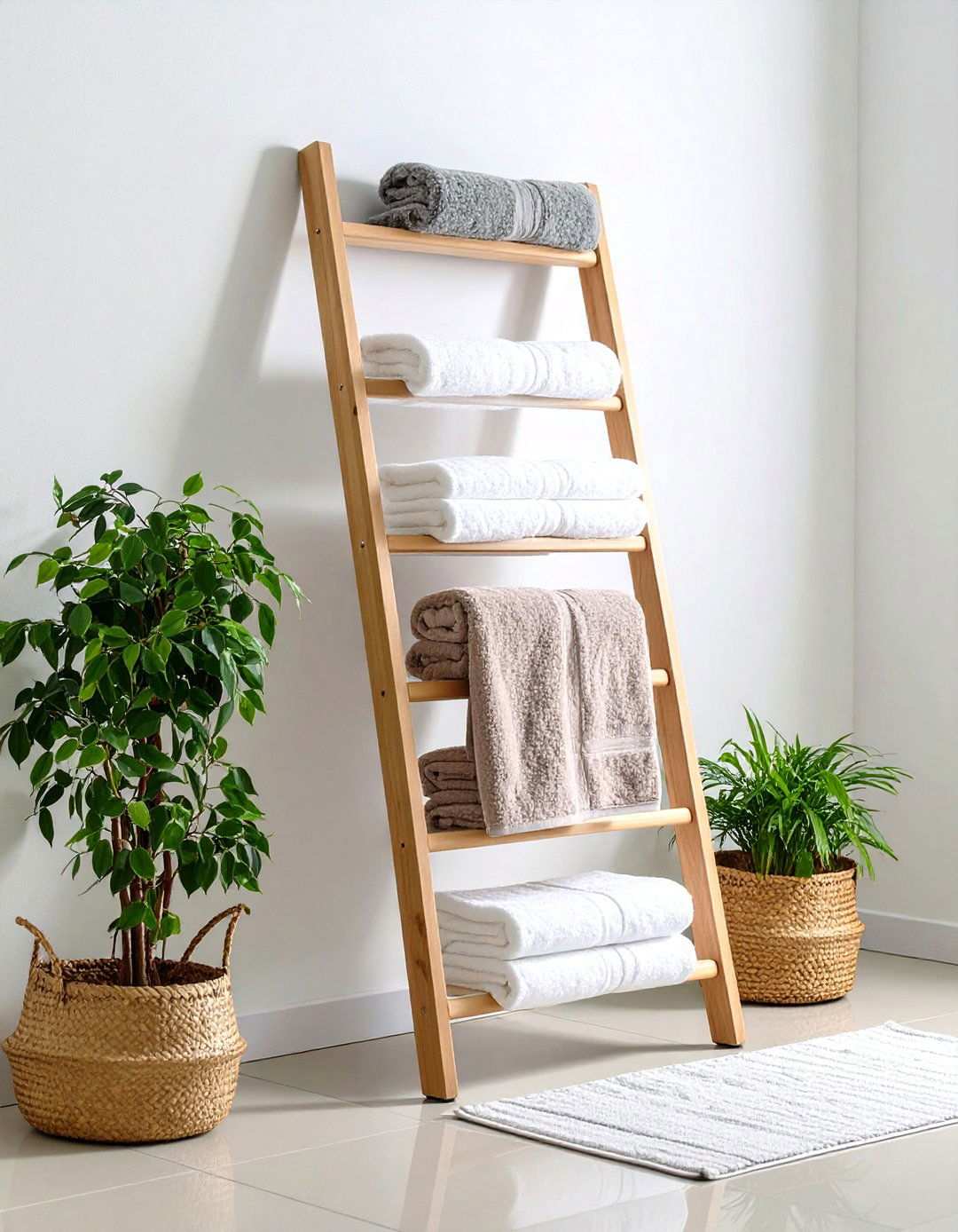 Ladder Towel Display - 24 Small Bathroom Shelving Ideas