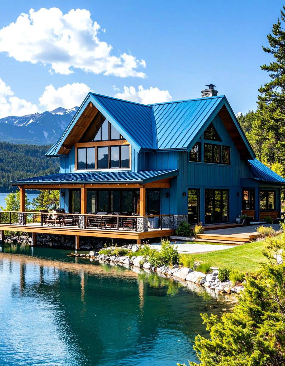 Lakefront Retreat Design - 24 houses with blue metal roofs