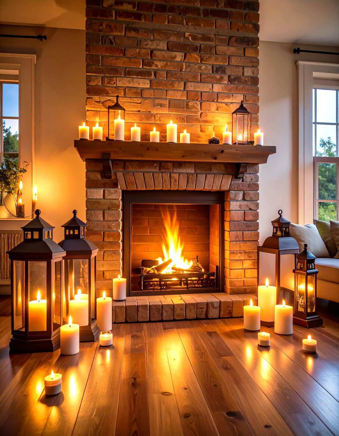 Lantern and Candlelight Ambiance - 24 Rustic Living Room With a Brick Fireplace Ideas