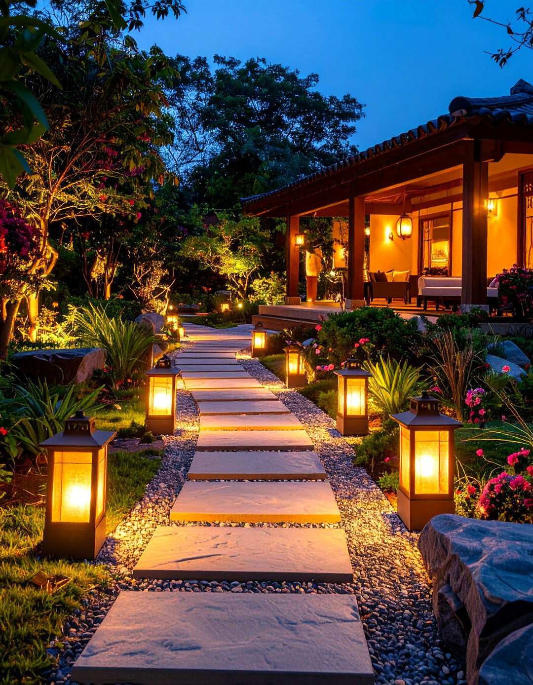 Lantern Lit Stone Pathway Patio - 24 Rustic Patio Ideas