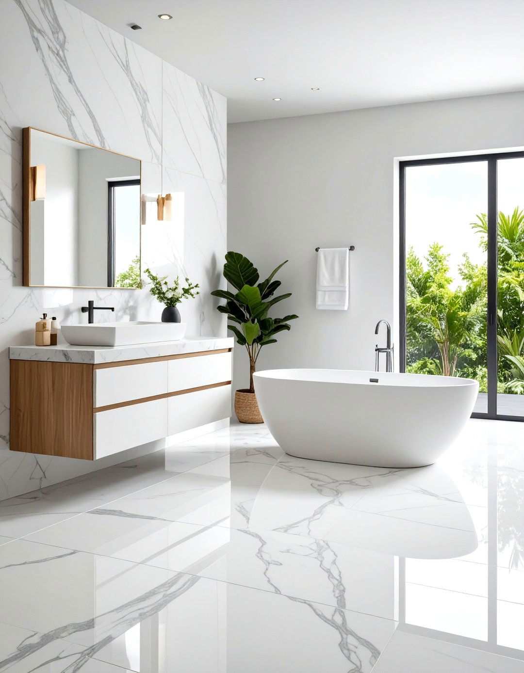 Large Format White Marble Porcelain - 24 White Tile Bathroom Ideas