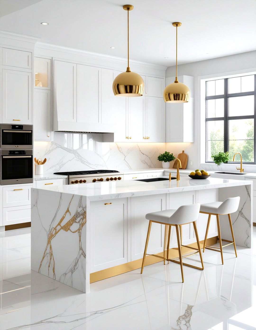 Large Format White Marble Slab with Natural Gold Veining - 24 White and Gold Kitchen Backsplash Ideas