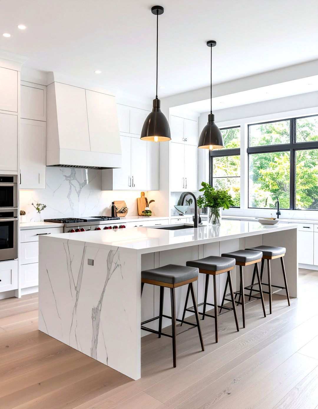 Large White Kitchen Island with Waterfall Stainless Details - 24 White Kitchen with Stainless Steel Appliances Ideas