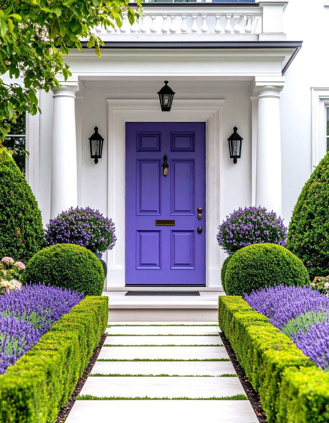 Lavender Door with Formal Hedge Border - 24 Lavender Front Door Ideas