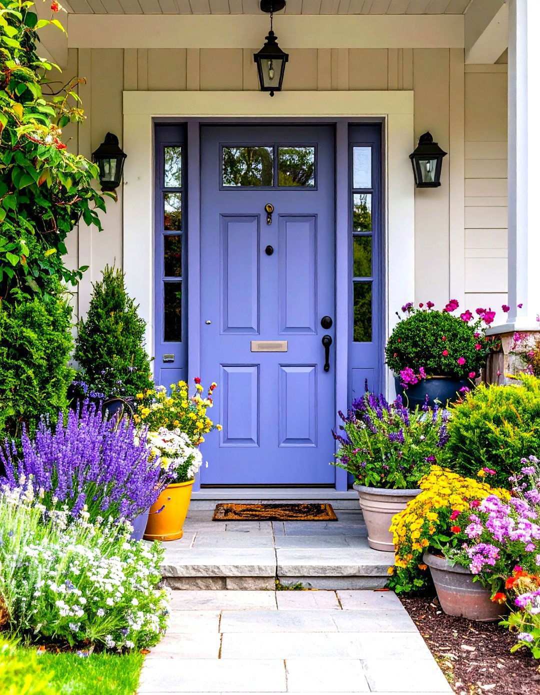 Lavender Door with Seasonal Container Garden - 24 Lavender Front Door Ideas