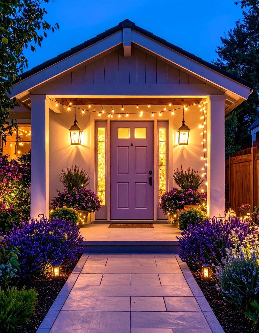 Lavender Door with Seasonal Lighting Display - 24 Lavender Front Door Ideas