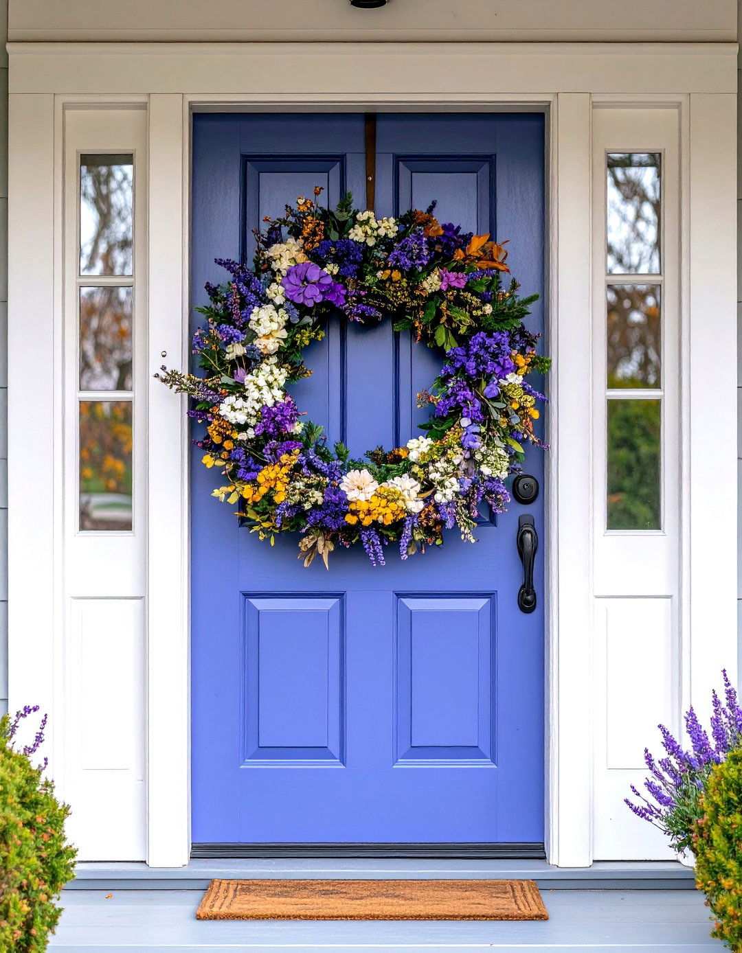 Lavender Door with Seasonal Wreath Display - 24 Lavender Front Door Ideas