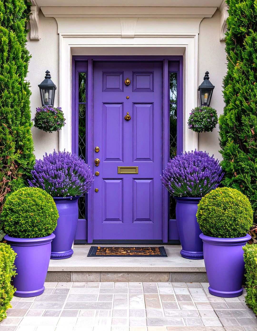 Lavender Door with Symmetrical Topiary Planters - 24 Lavender Front Door Ideas