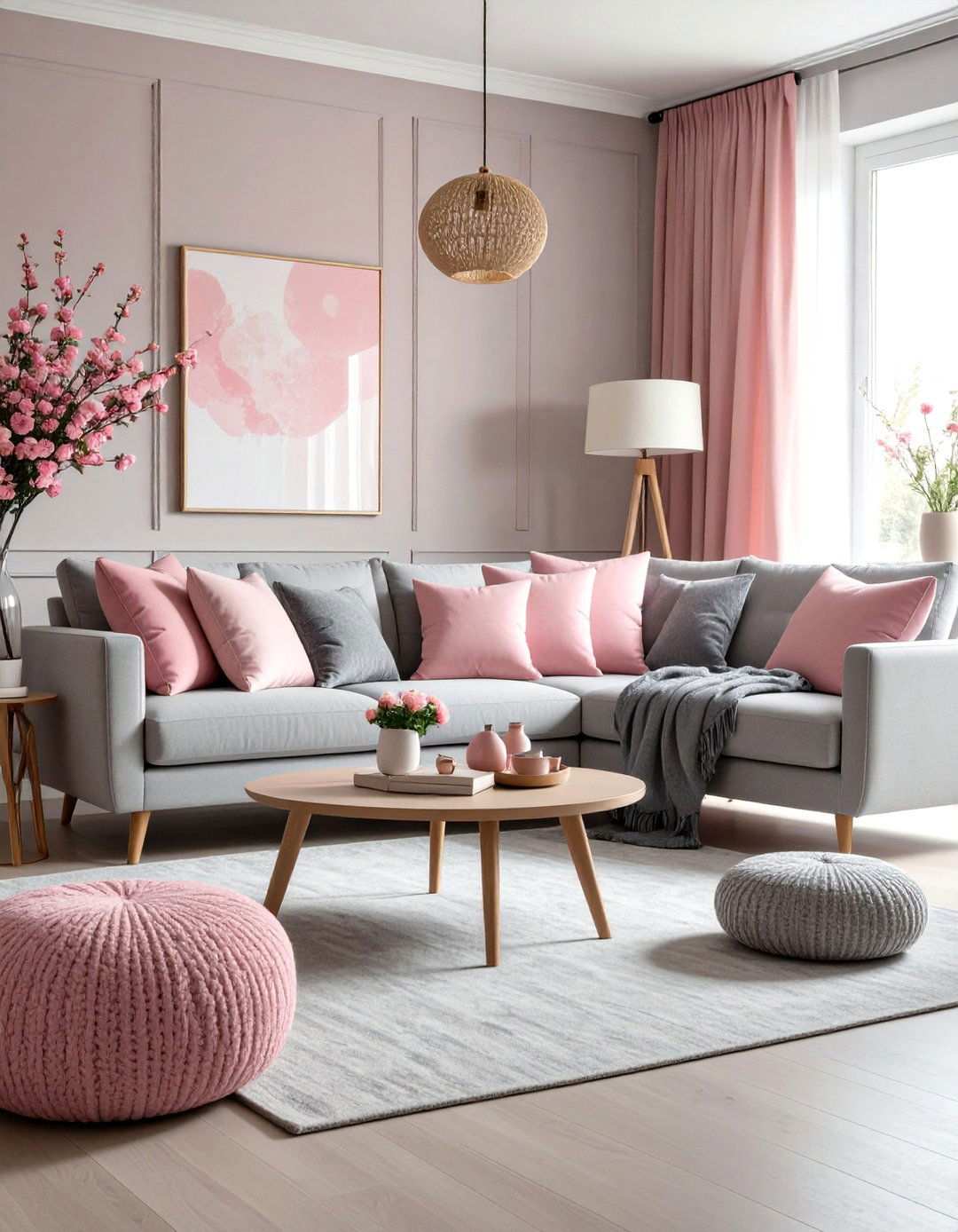 Layered Pink and Grey Textile Design - 24 Pink and Grey Living Room Ideas