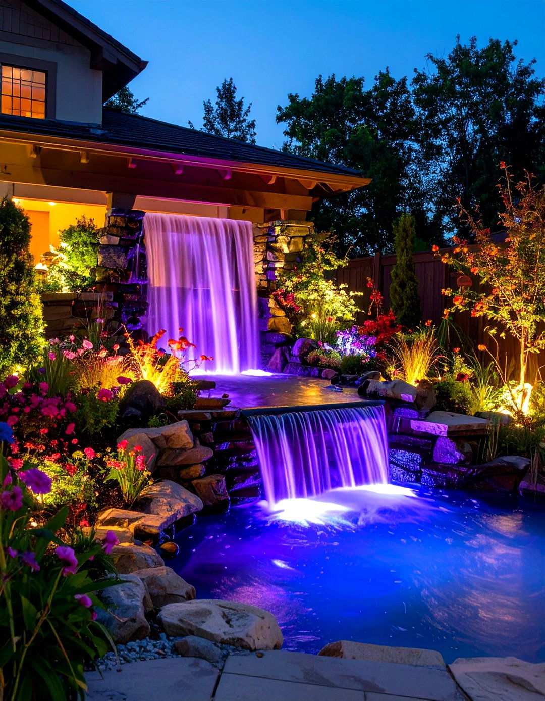 LED Illuminated Evening Waterfall - 24 Pondless Waterfall Design Ideas