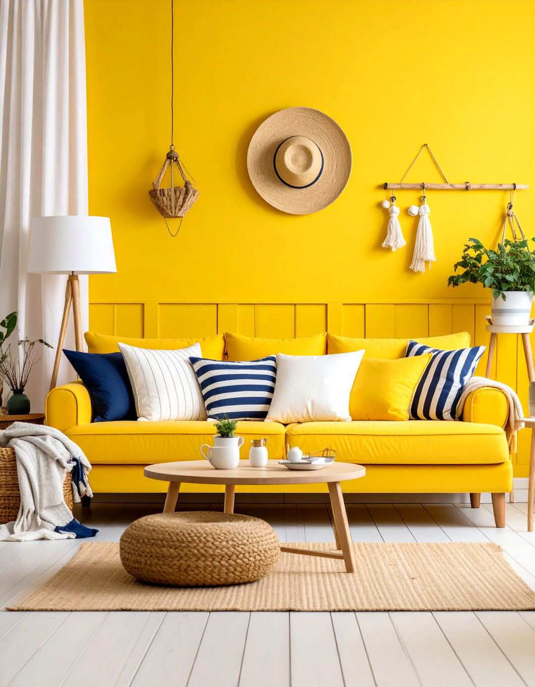 Lemon Yellow and Navy Blue Living Room - 24 Yellow Living Room Ideas