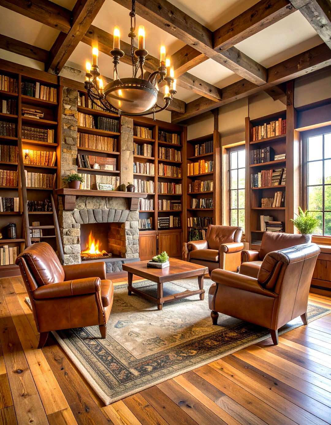 Library with Floor to Ceiling Bookshelves - 24 Rustic Barndominium Interior Design Ideas