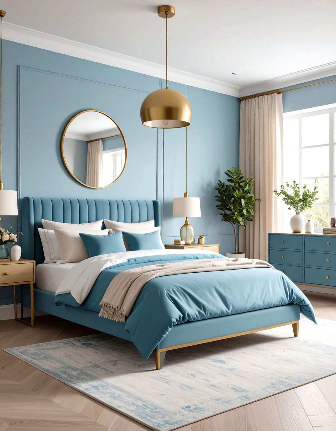 Light Blue Bedroom with Brass Accent Elements - 24 Light Blue Bedroom Ideas