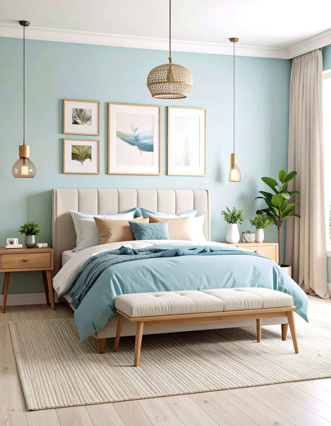 Light Blue Bedroom with Gallery Wall Displays - 24 Light Blue Bedroom Ideas