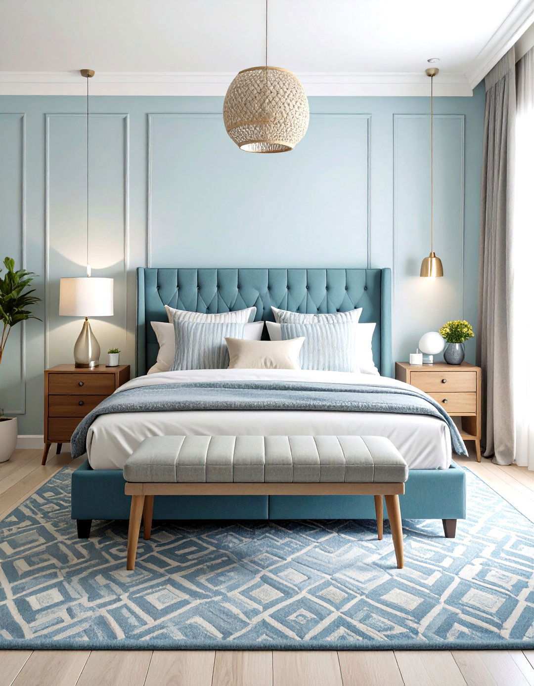 Light Blue Bedroom with Geometric Patterns - 24 Light Blue Bedroom Ideas