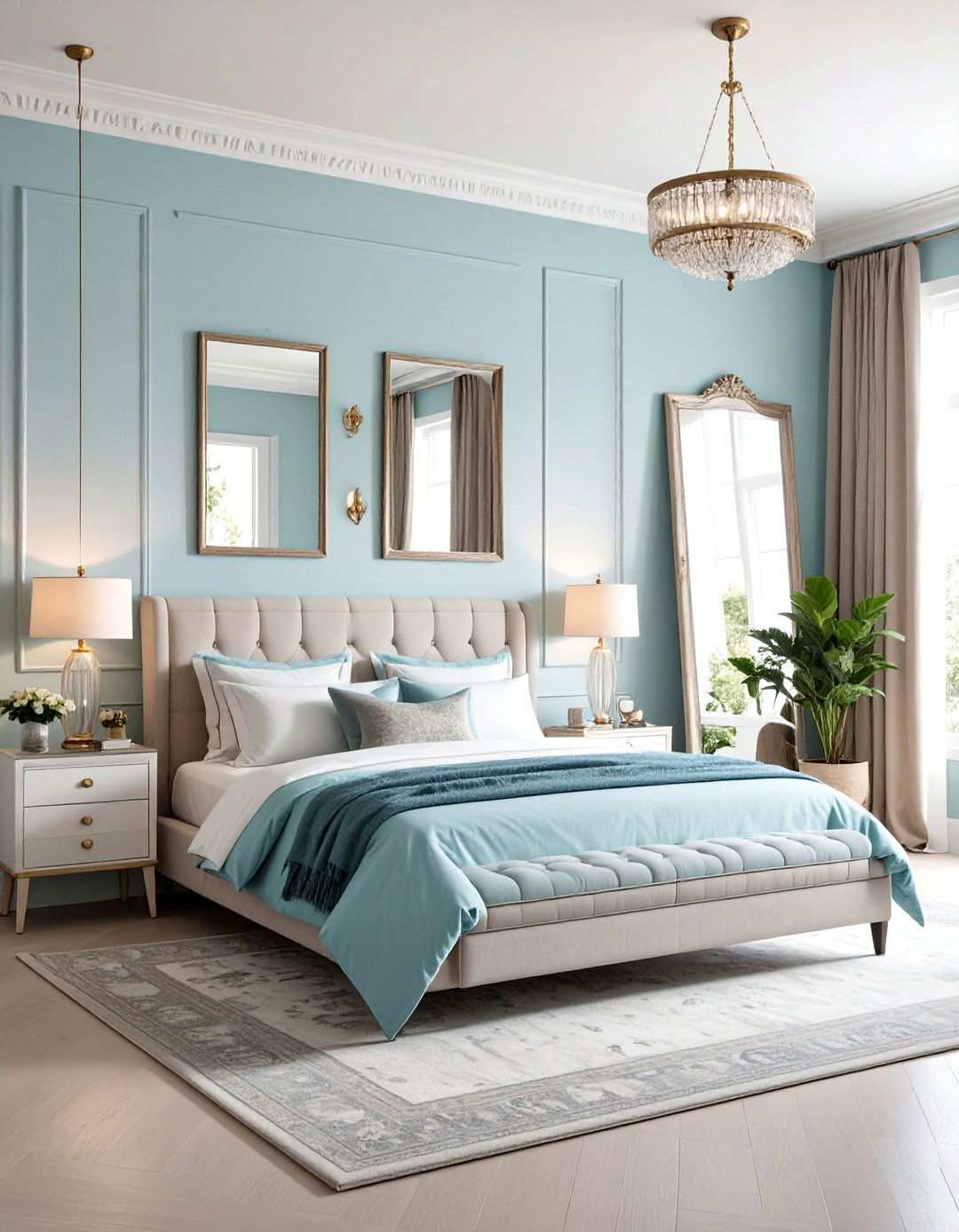 Light Blue Bedroom with Vintage Mirror Collections - 24 Light Blue Bedroom Ideas