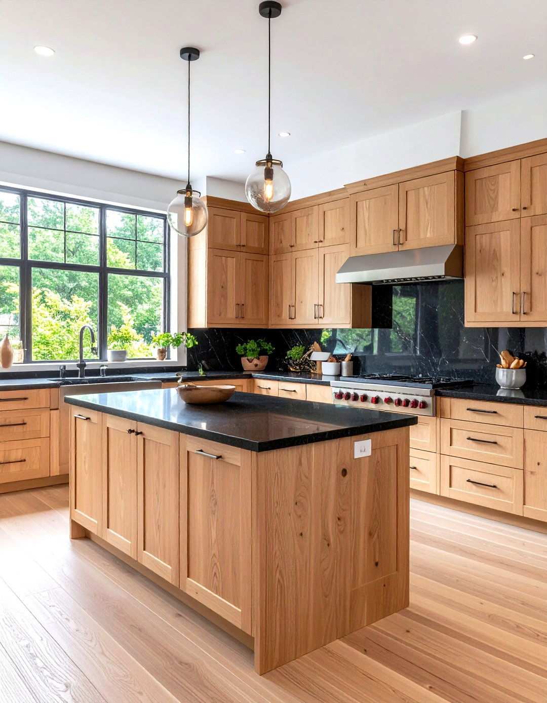 Light Brown Oak Cabinets with Black Granite Islands - 24 kitchen with brown cabinets and black countertops ideas