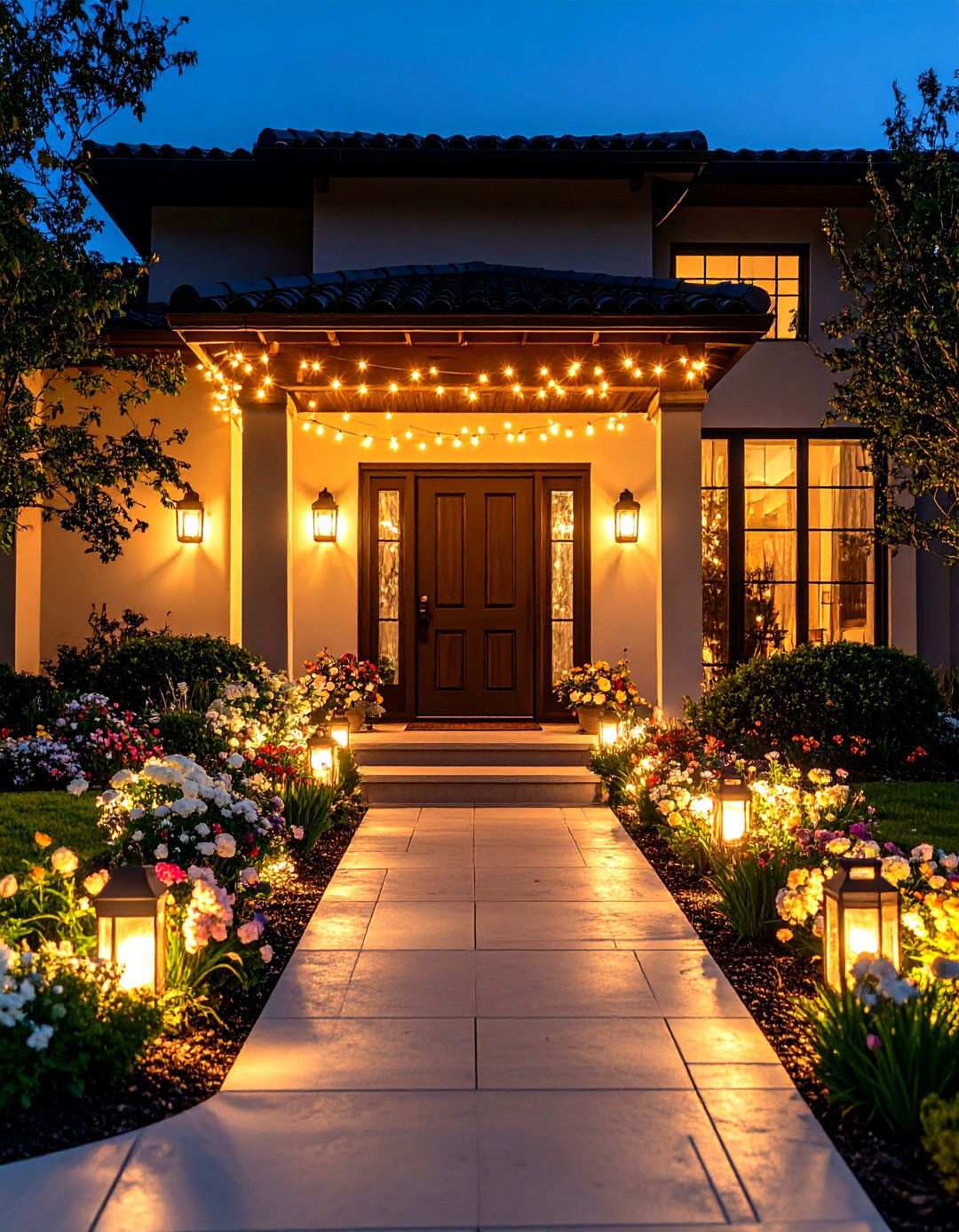 Lighting and Flower Integration - 24 Spring Front Door Decor Ideas