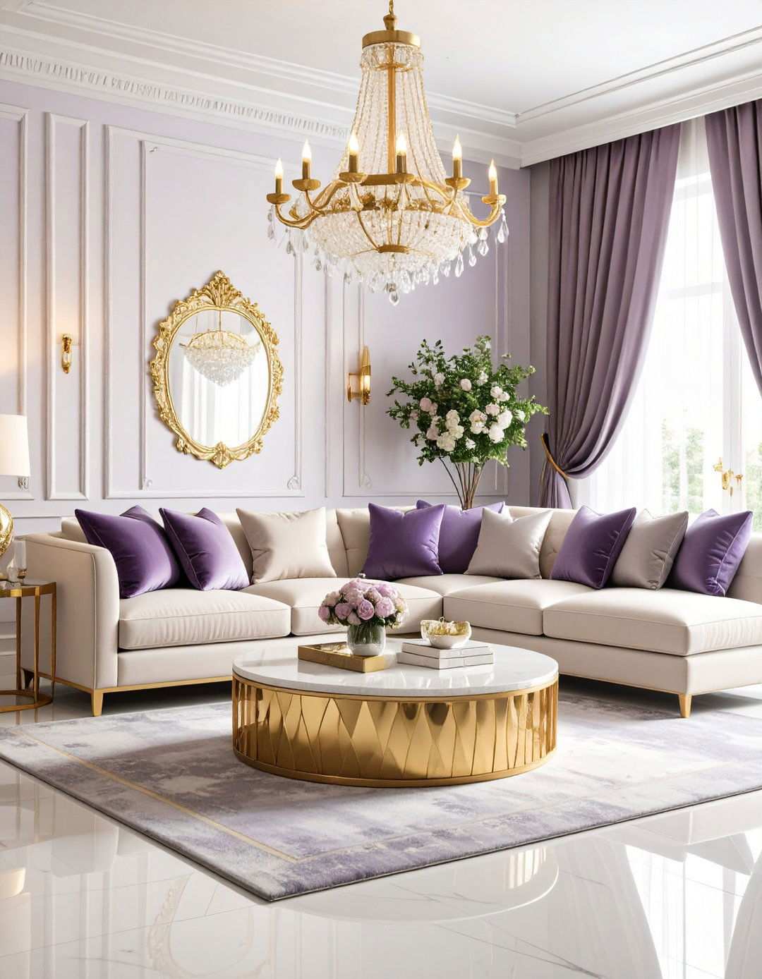 Lilac and Gold Glam Living Room - 24 Purple Living Room Ideas