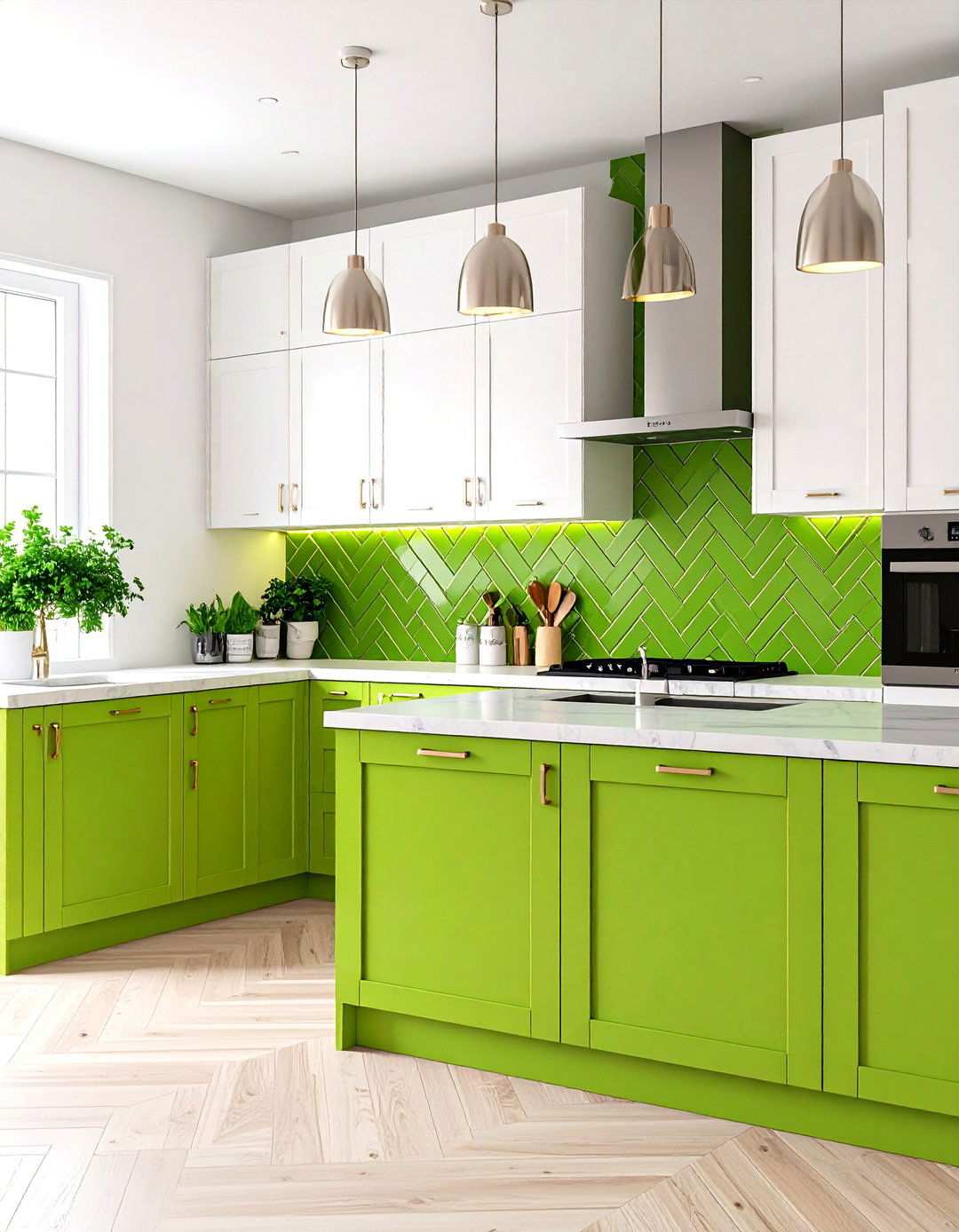 Lime Green Ceramic Herringbone Kitchen Design - 24 Kitchen With Green Backsplash Ideas