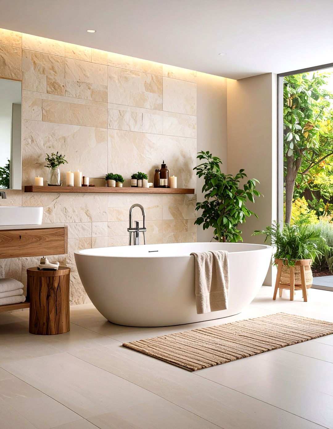 Limestone Accent Walls Behind Freestanding Tubs - 24 Stone Bathroom Ideas