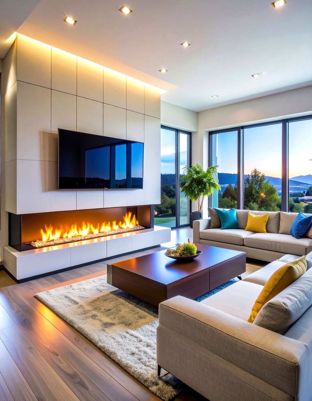Linear Fireplace with Colored Glass Media - 24 Linear Fireplace Ideas With Tv Above