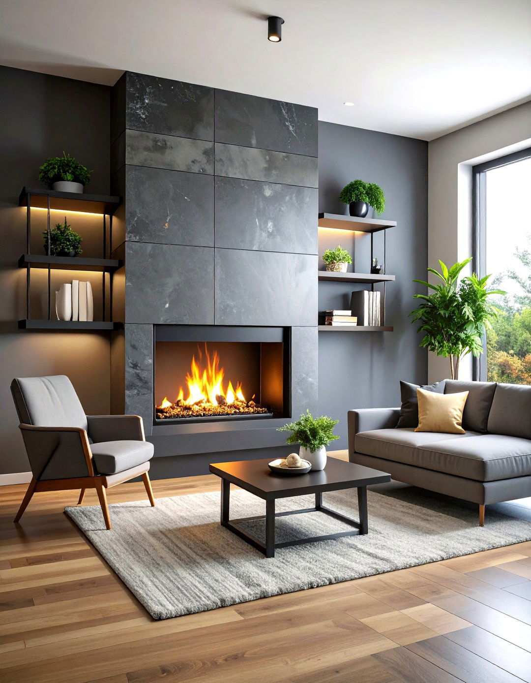 Linear Wall Mounted Gas Fireplace with Stone Surround - 24 Modern Fireplace Ideas
