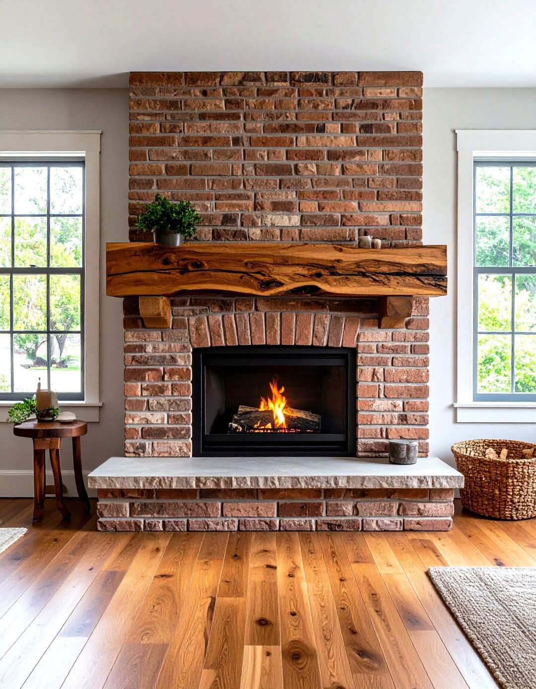 Live Edge Wood Mantel Features - 24 Rustic Living Room With a Brick Fireplace Ideas