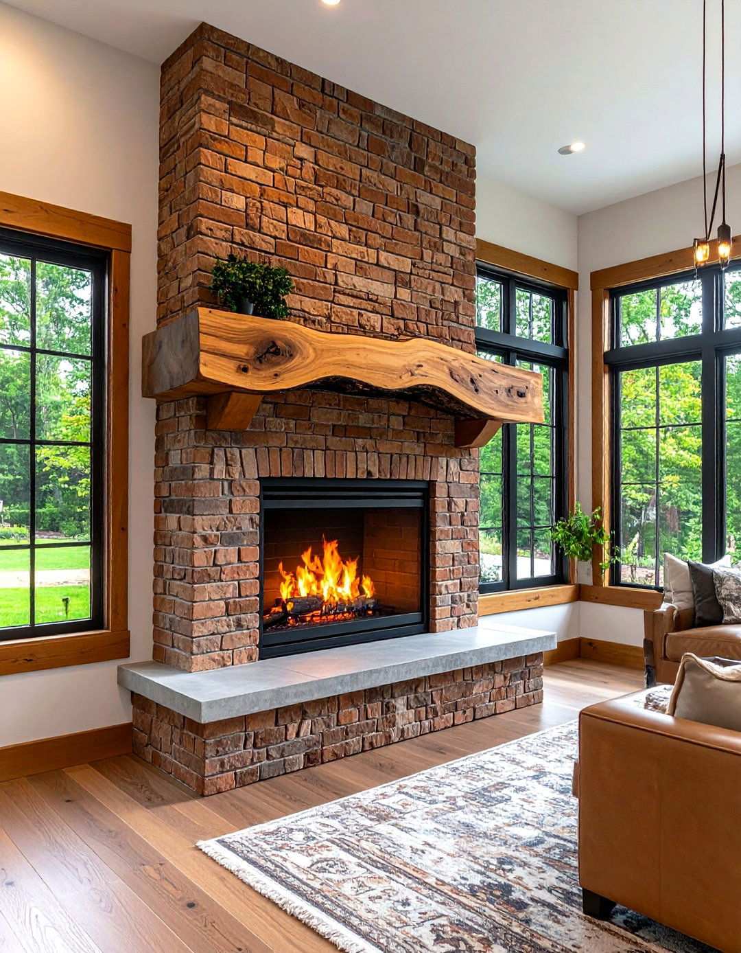 Live Edge Wood Mantel with Natural Brick - 24 Rustic Brick Fireplace Ideas