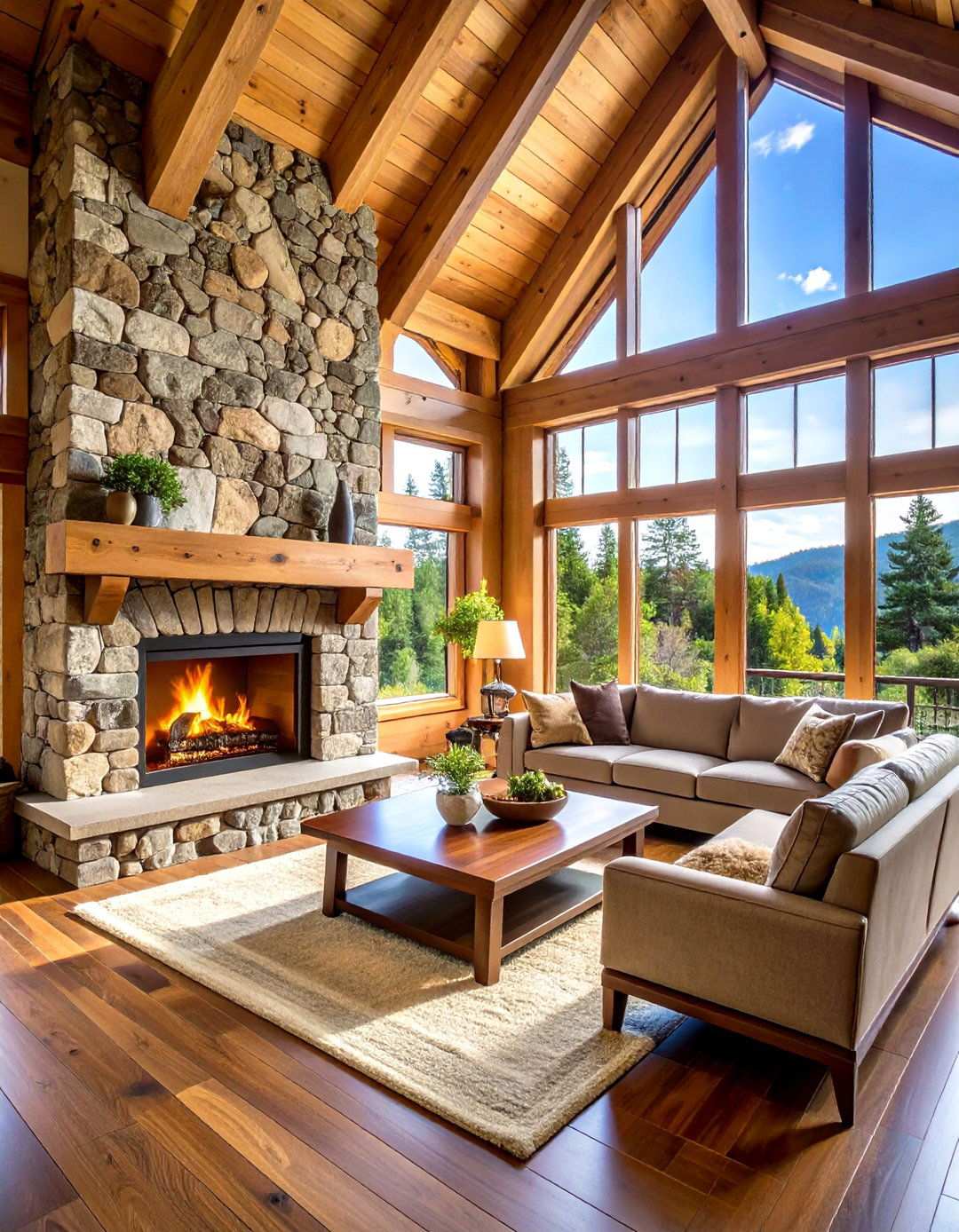 Lodge Style Timber Frame Fireplace - 24 Rustic Fireplaces