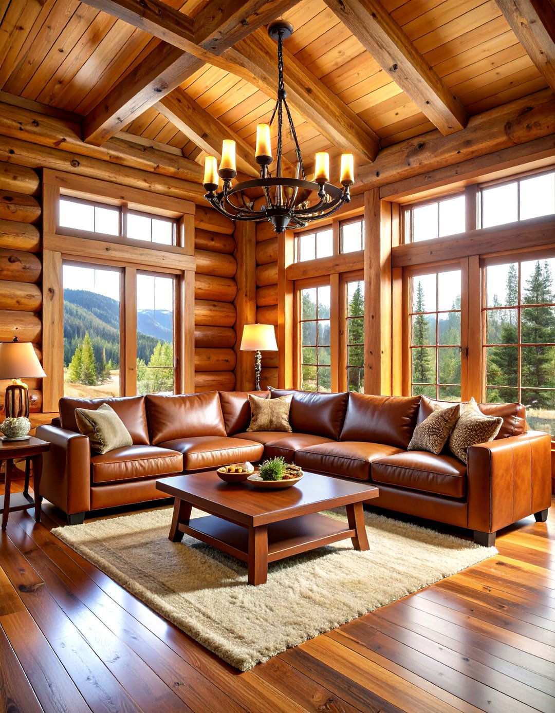 Log Cabin Leather Furniture Arrangement - 24 Rustic Living Room Ideas