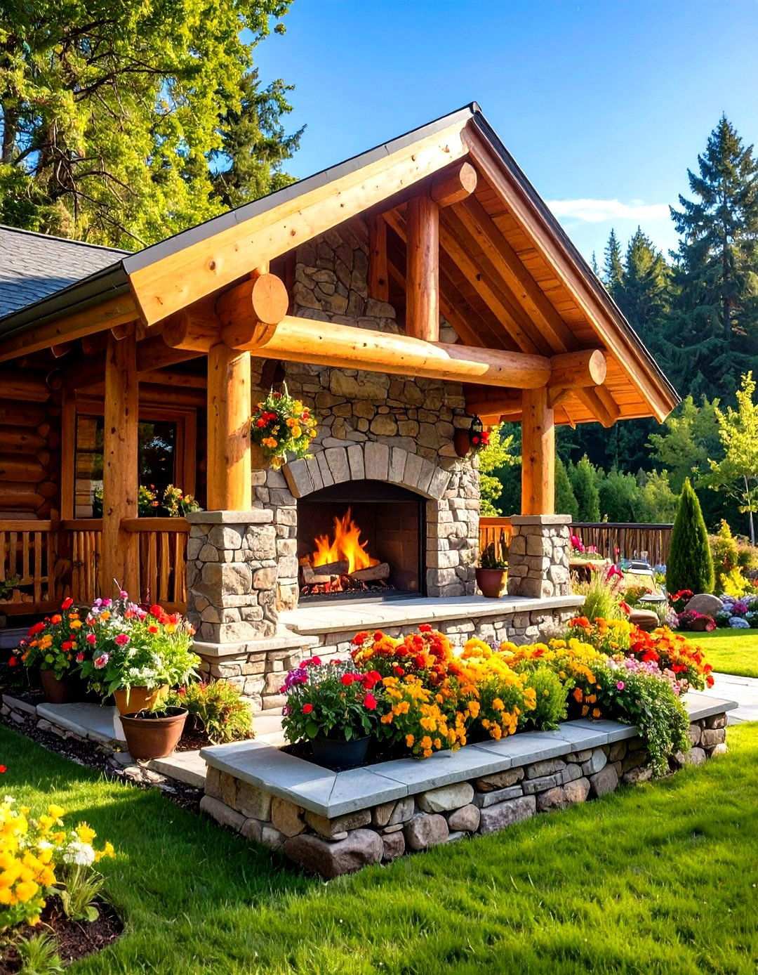 Log Cabin Style Outdoor Fireplace with Timber Framing - 24 Rustic Outdoor Fireplace Ideas