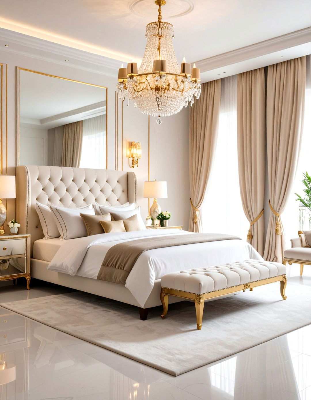 Luxurious Glam Bedroom with Crystal Chandeliers - 24 White and Gold Bedroom Ideas