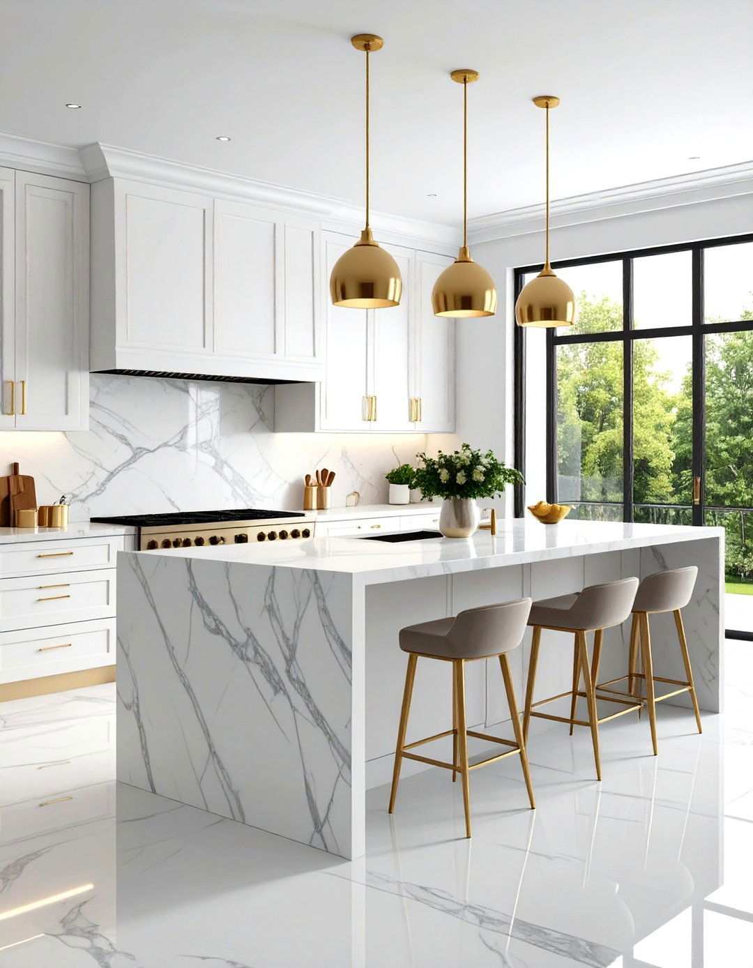 Luxurious Marble One Wall Kitchen with Waterfall Island - 24 One Wall Kitchen Ideas