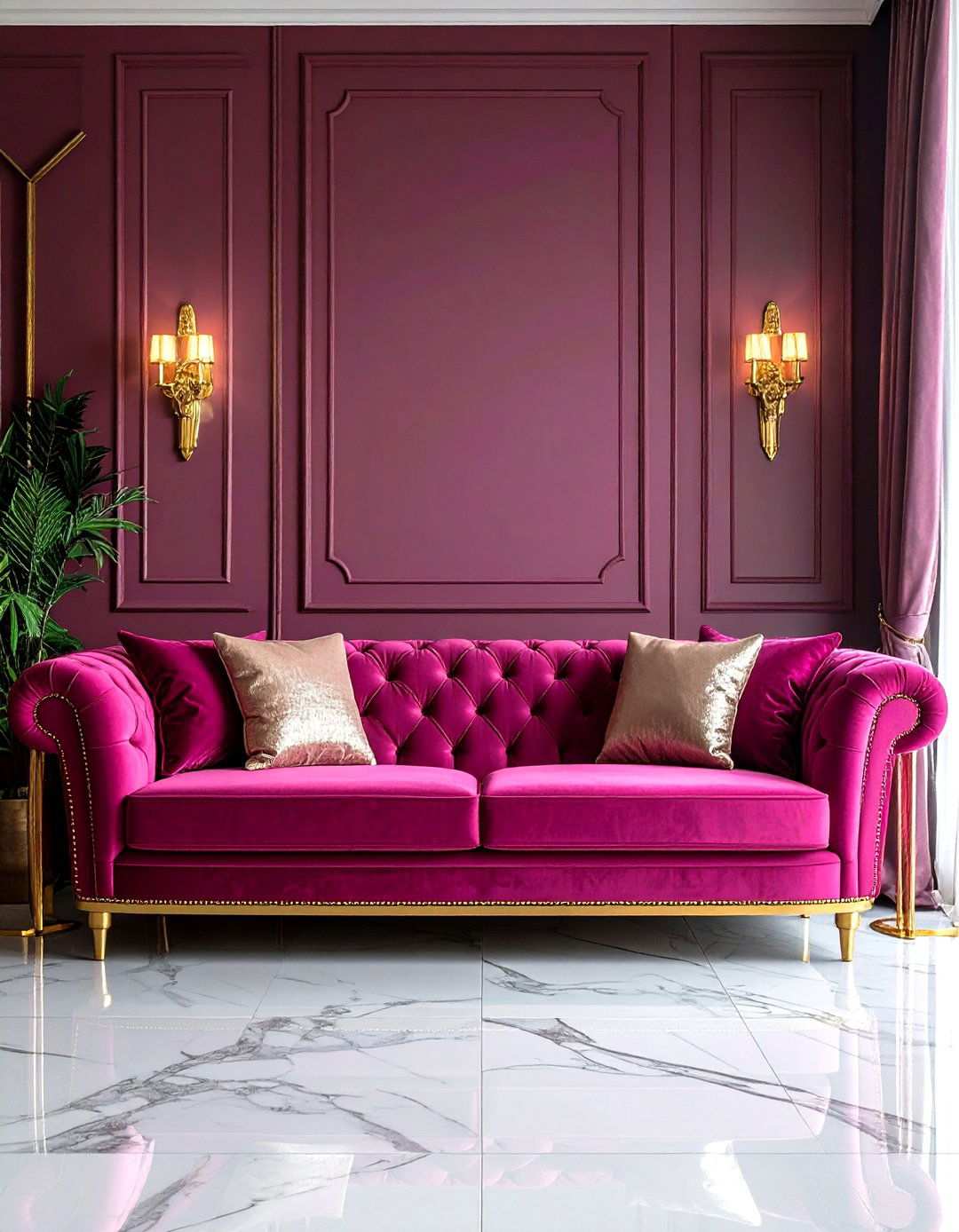 Magenta Pink Sofa in Art Deco Luxury - 24 Pink Couch Living Room Ideas