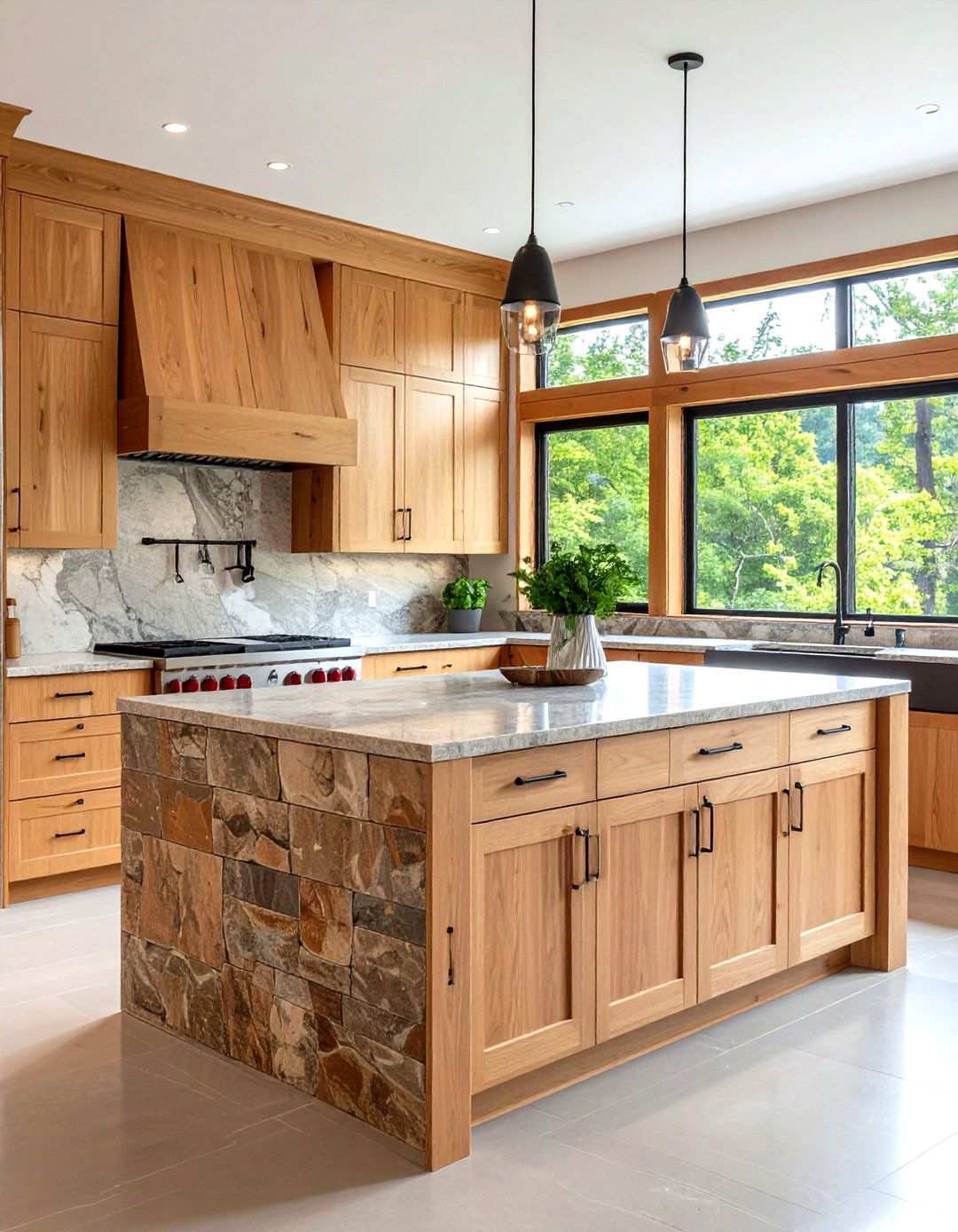 Maple Cabinets with Stone Countertops and Natural Material Integration - 24 Maple Kitchen Cabinets Ideas