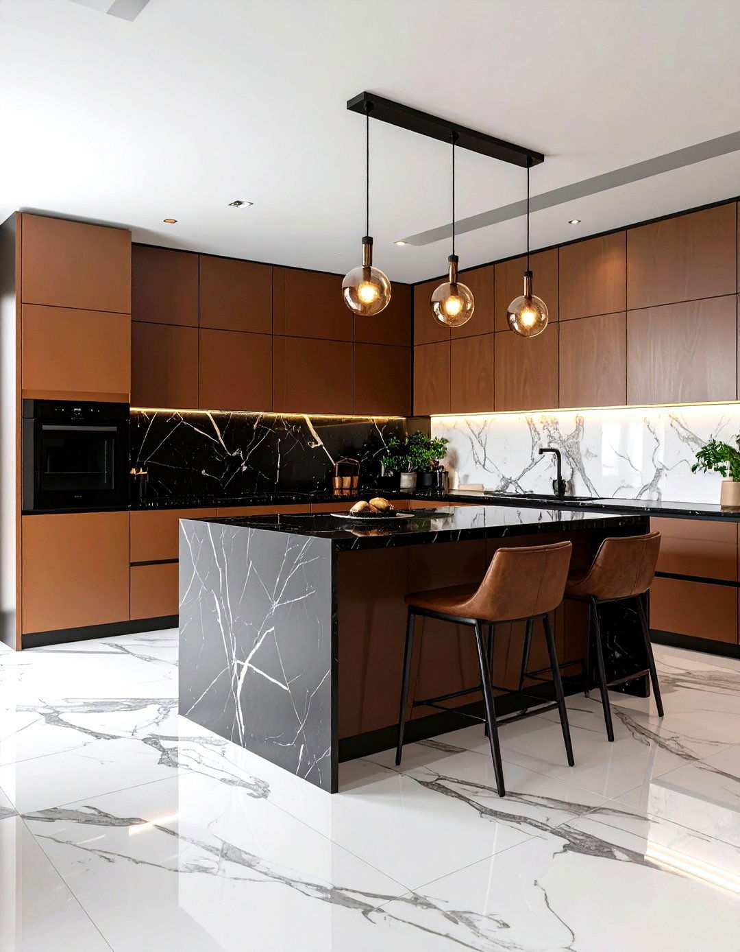 Marble Accent Integration - 24 kitchen with brown cabinets and black countertops ideas