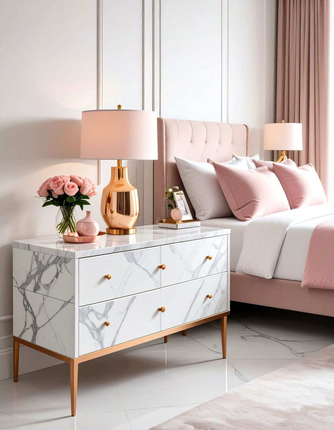 Marble and Rose Gold Nightstand Styling - 24 Pink and Gold Bedroom Ideas