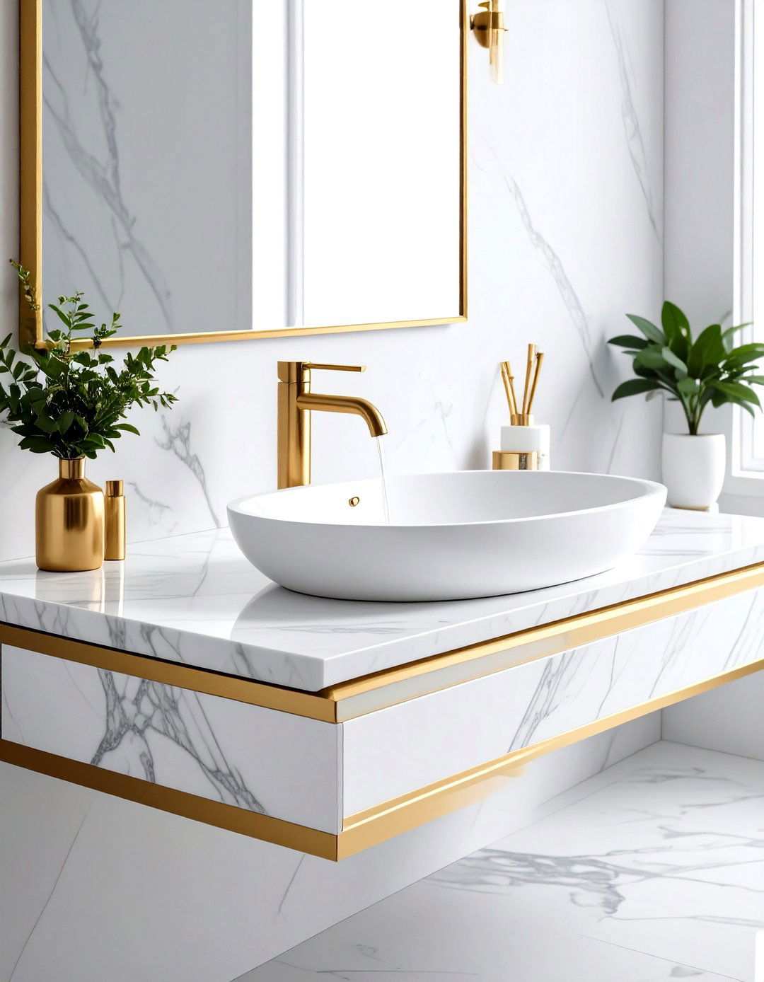 Marble Integrated Sink with Gold Hardware - 24 Small Bathroom Sink Ideas