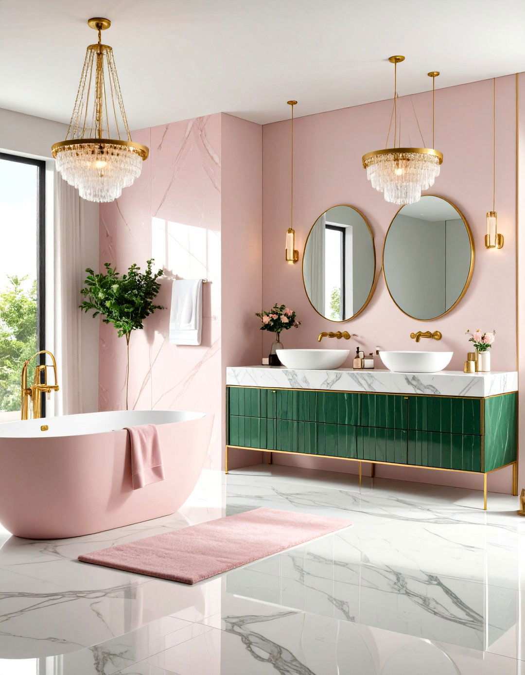 Marble Luxury with Pink and Green Accents - 24 Pink and Green Bathroom Design Ideas