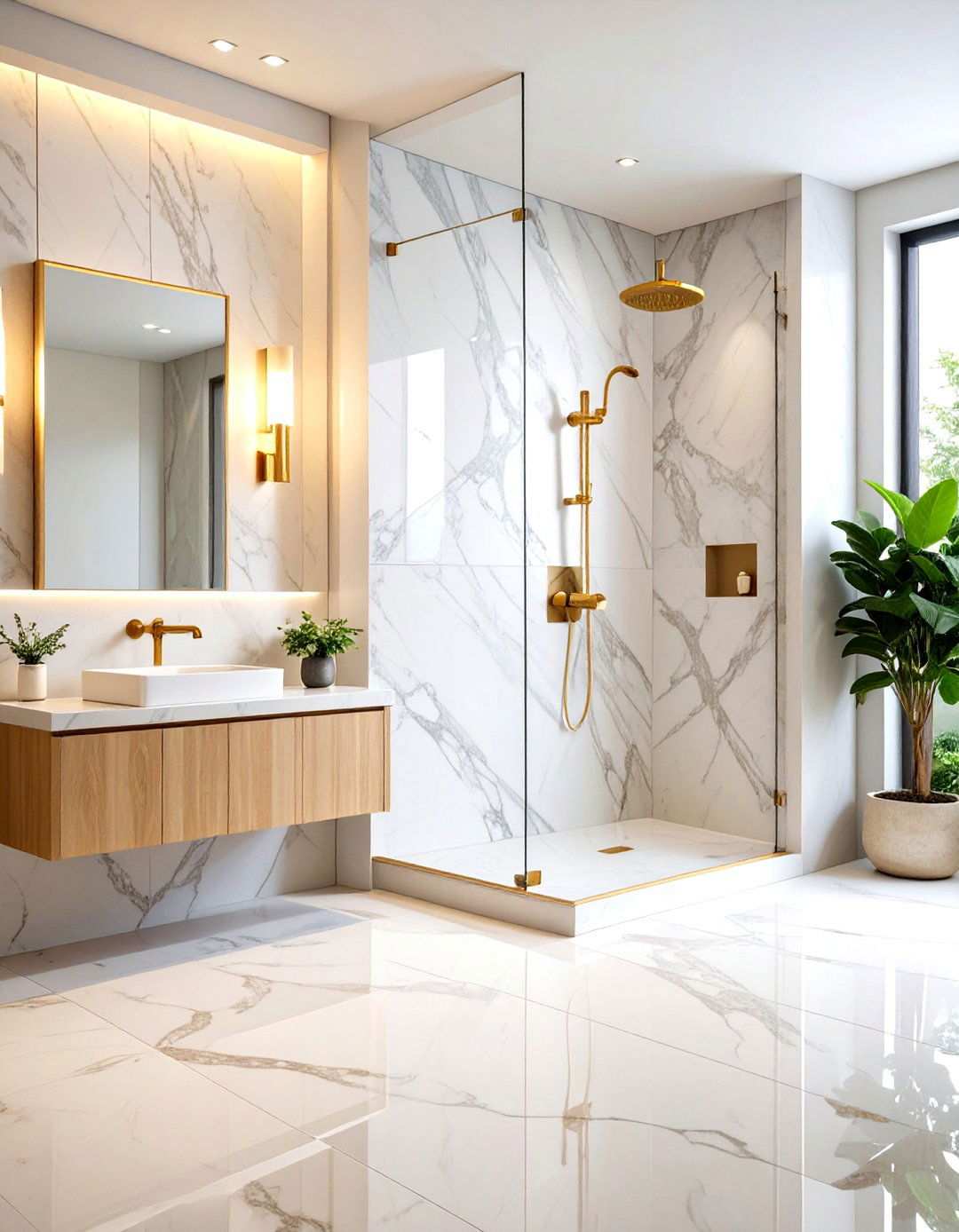 Marble Shower Walls with Waterfall Effect - 24 Stone Bathroom Ideas
