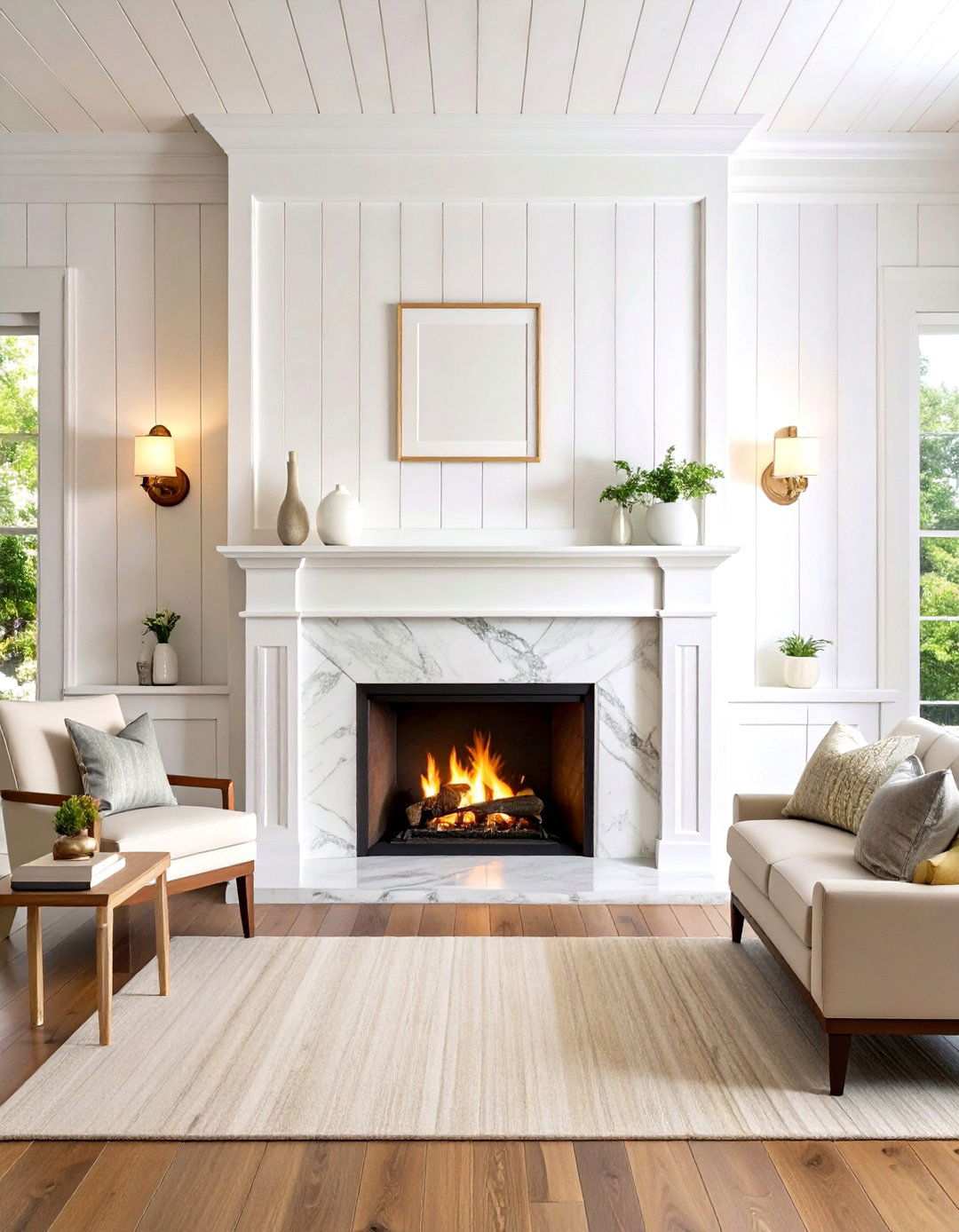 Marble Surround with Shiplap Accent Wall - 24 Two-story Fireplace Ideas
