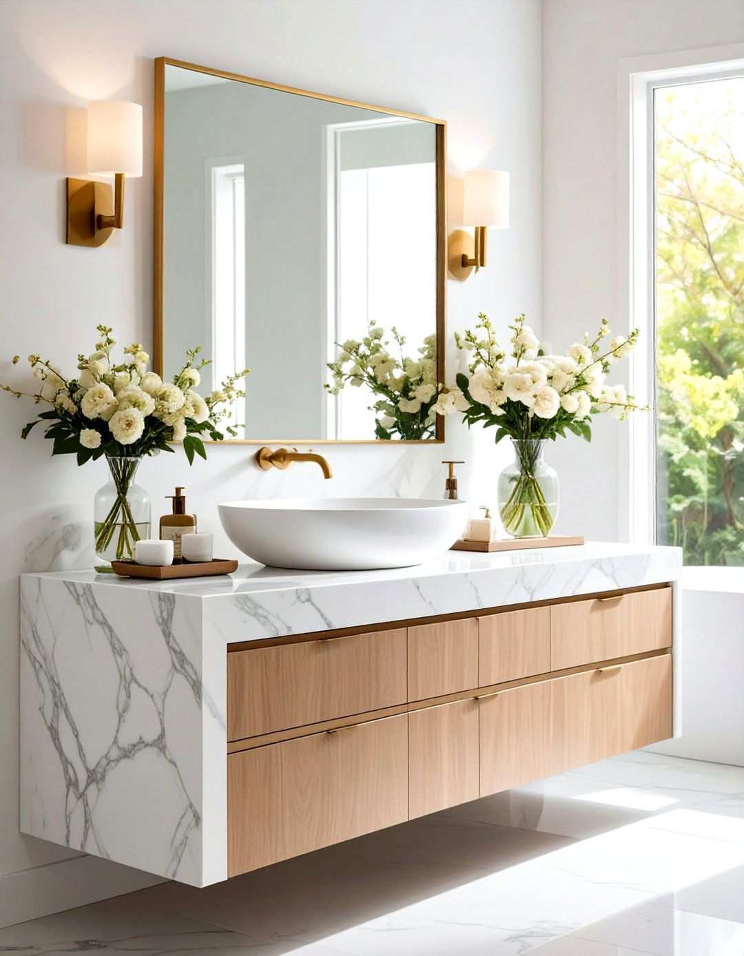 Marble Top Vanity with Waterfall Edge Detail - 24 Small Bathroom Vanity Ideas