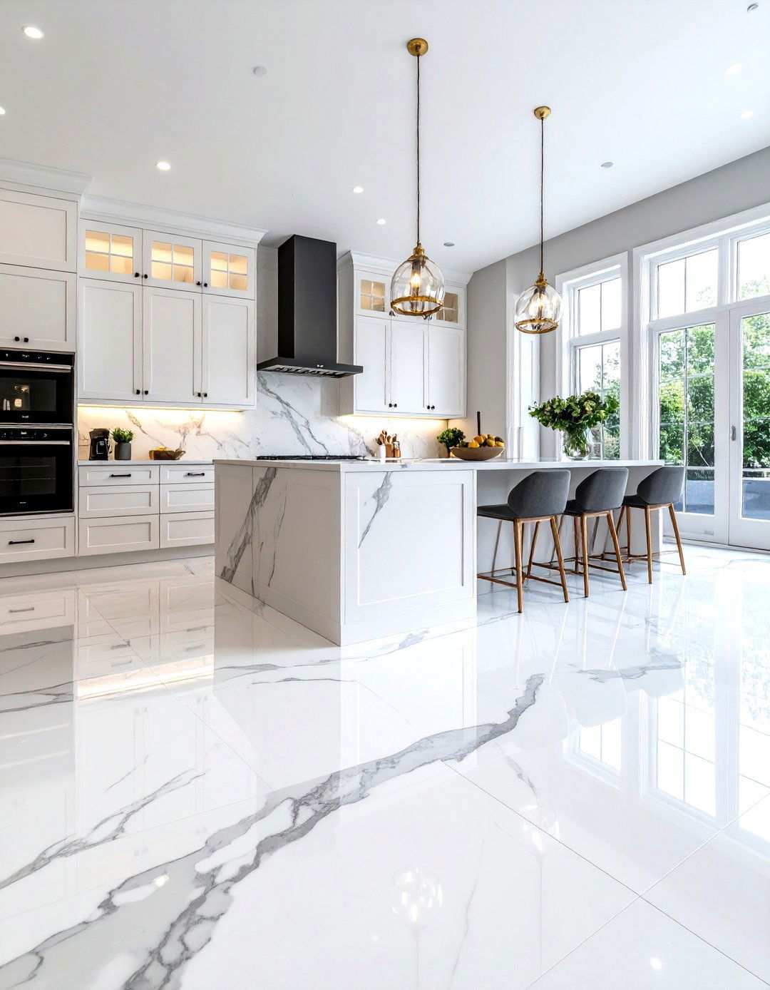 Marble Veined Large Slab Kitchen Flooring - 24 Kitchen Floor Ideas
