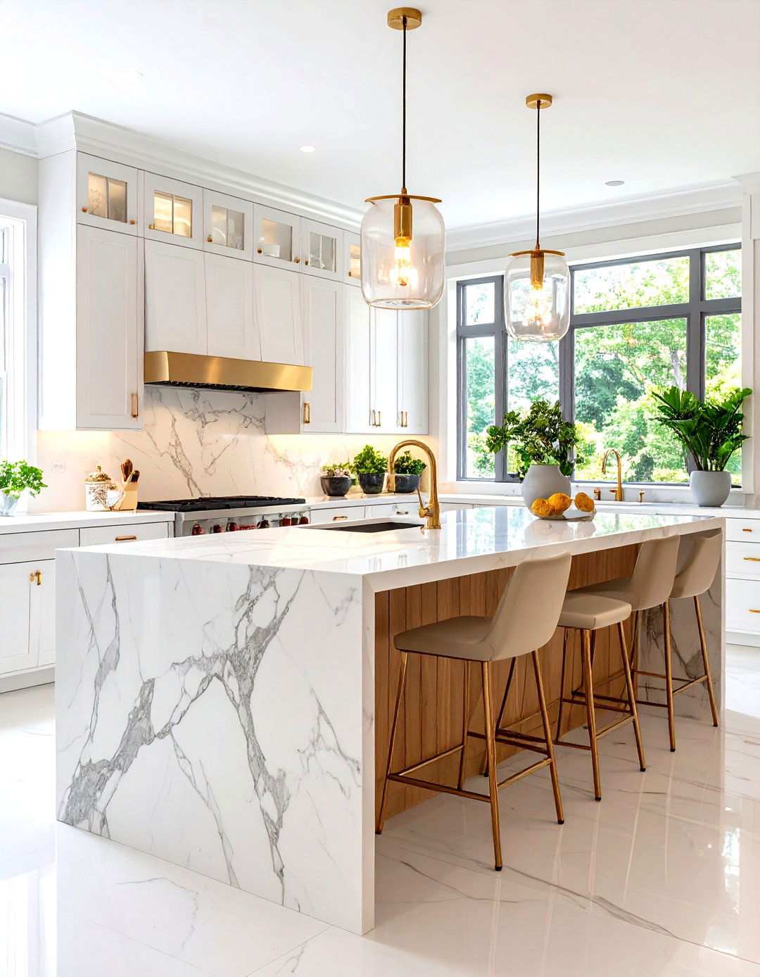 Marble Waterfall Edge Kitchen Island Base - 24 Marble Kitchen Floor Ideas
