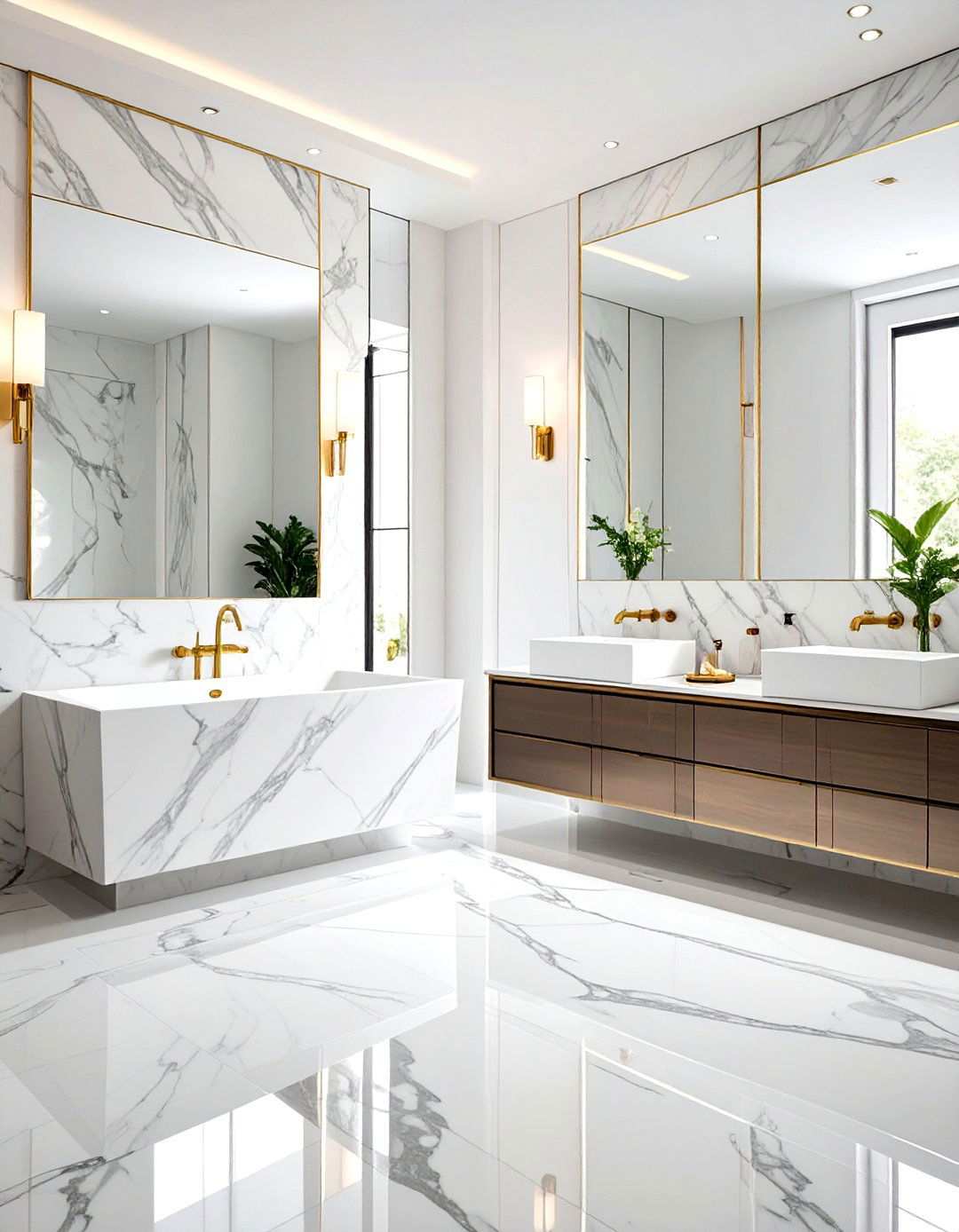 Marble Waterfall Feature - 24 White and Gold Bathroom Ideas