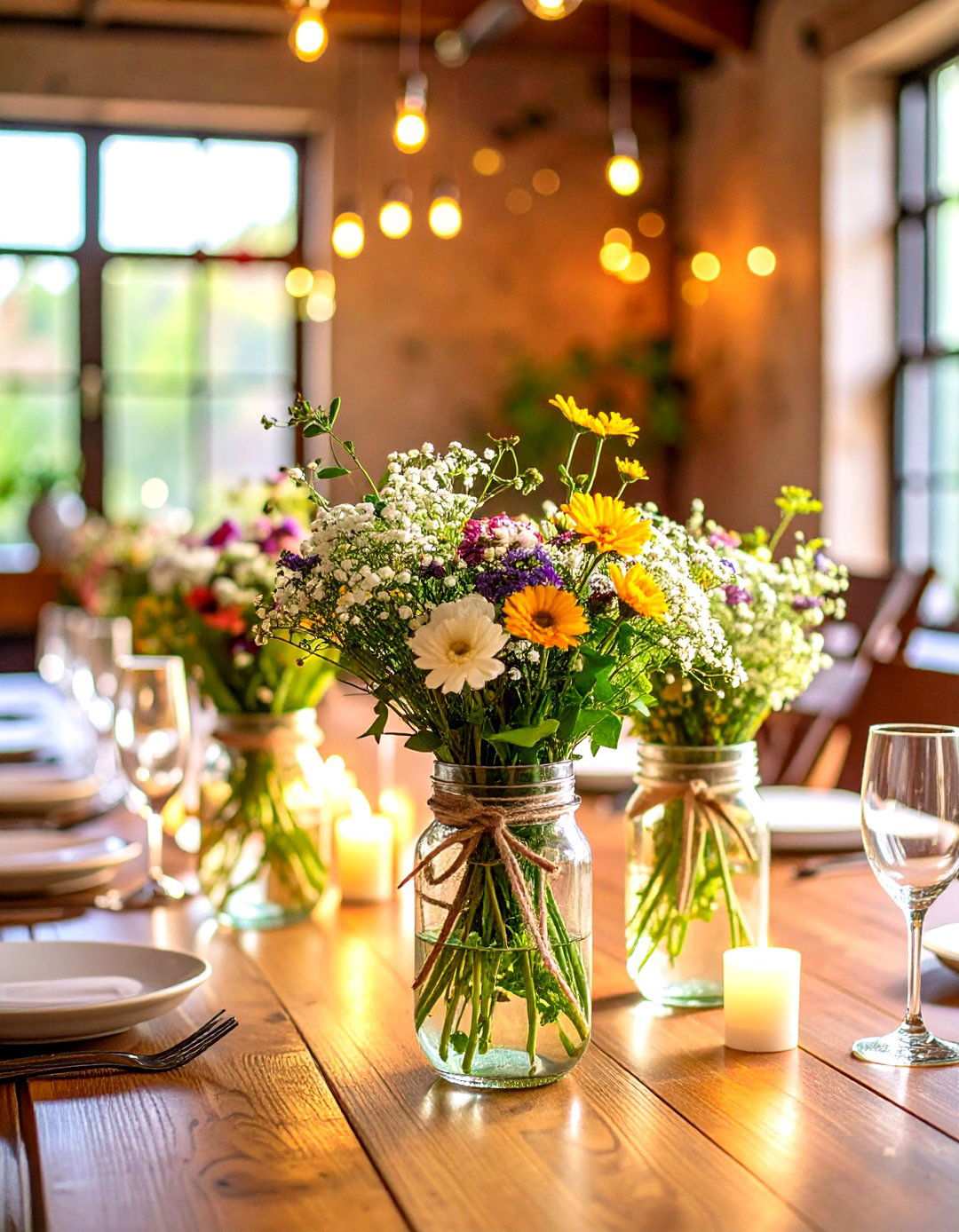 Mason Jar Wildflower Bouquets - 24 Rehearsal Dinner Centerpiece Ideas