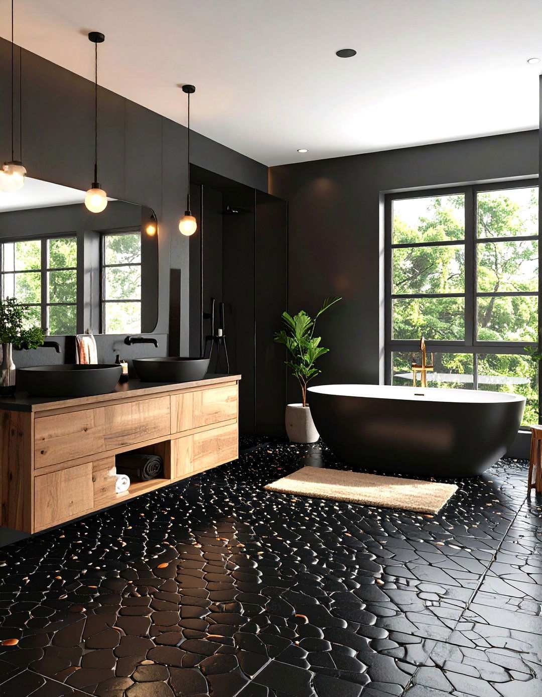 Matte Black Modern Drama - 24 Penny Tile Bathroom Floor Ideas