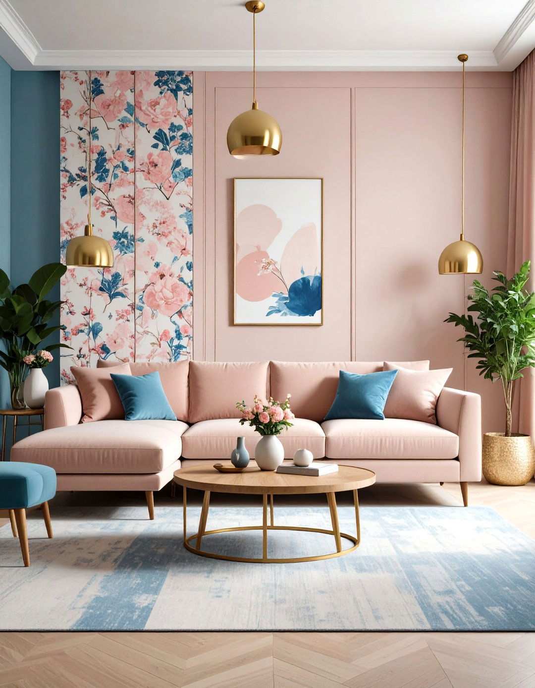 Maximalist Pink and Blue Pattern Mixing with Neutral Grounding - 24 Pink and Blue Living Room Ideas